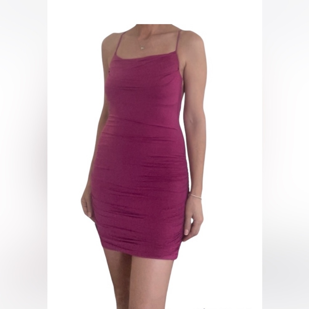 Tiger Mist pink ruched dress with spaghetti strap cocktail dress